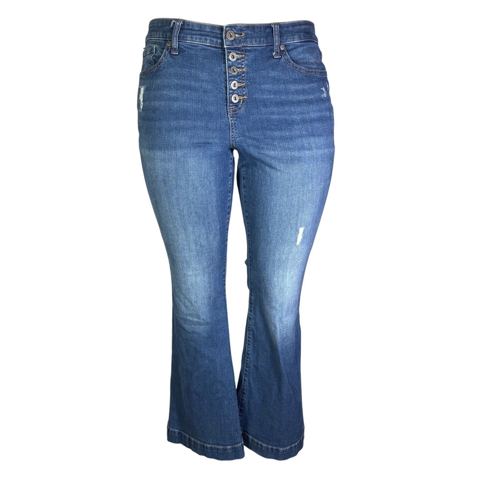 Torrid Mid Rise Flare Jeans Womens 16S Blue Vintage Stretch Button Fly Distresse